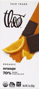 Theo Chocolate Organic 70% Dark Chocolate Bar Orange 3 Oz | Pack of 12