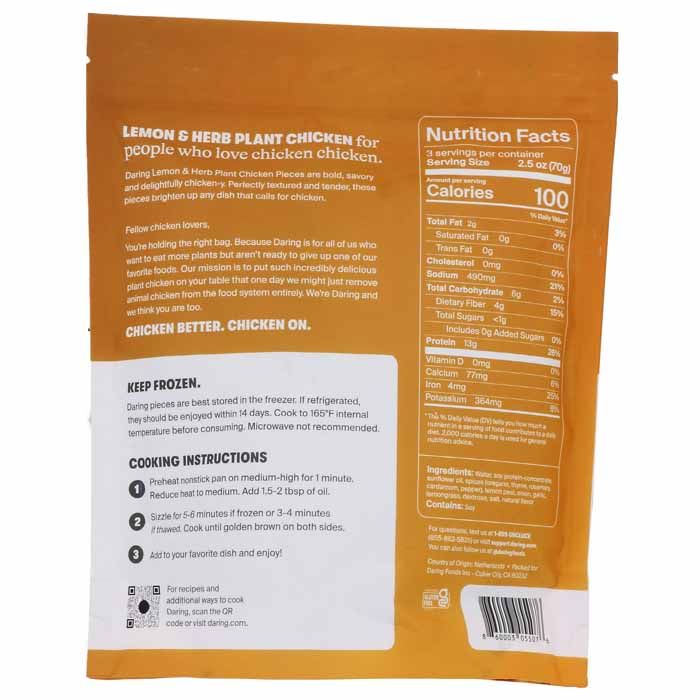 Daring - Plant-Based Chicken Pieces Lemon & Herb, 8 oz - back