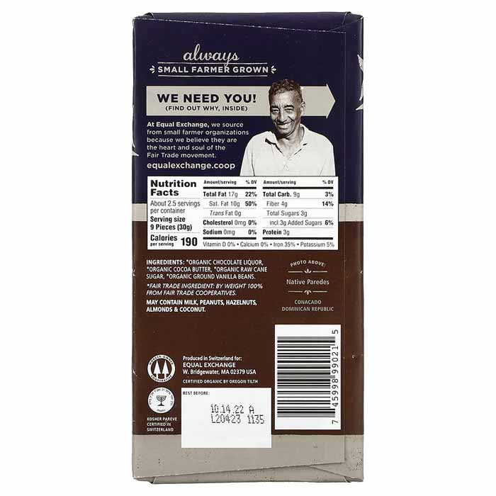 Equal Exchange - Organic Dark Chocolate -Extreme Dark (88%), 2.8oz - back