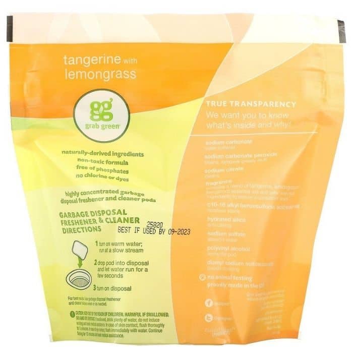 Grab Green - Garbage Disposal Freshener & Cleaner, Tangerine & Lemongrass - back