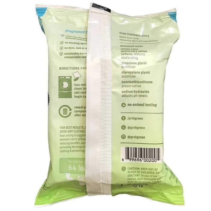 Grab Green - Natural Wet Dryer Sheets, Fragrance Free- Back