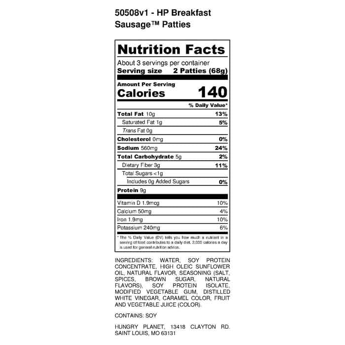 Hungry Planet - Breakfast Sausage™ Patties, 7.2oz-Nutrition
