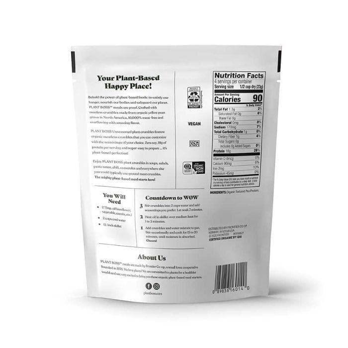 Plant Boss - Unseasoned Meatless Crumbles, 3.35oz (back)