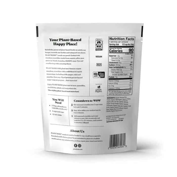 Plant Boss-Mild Taco Meatless Crumbles , 3.35oz - back