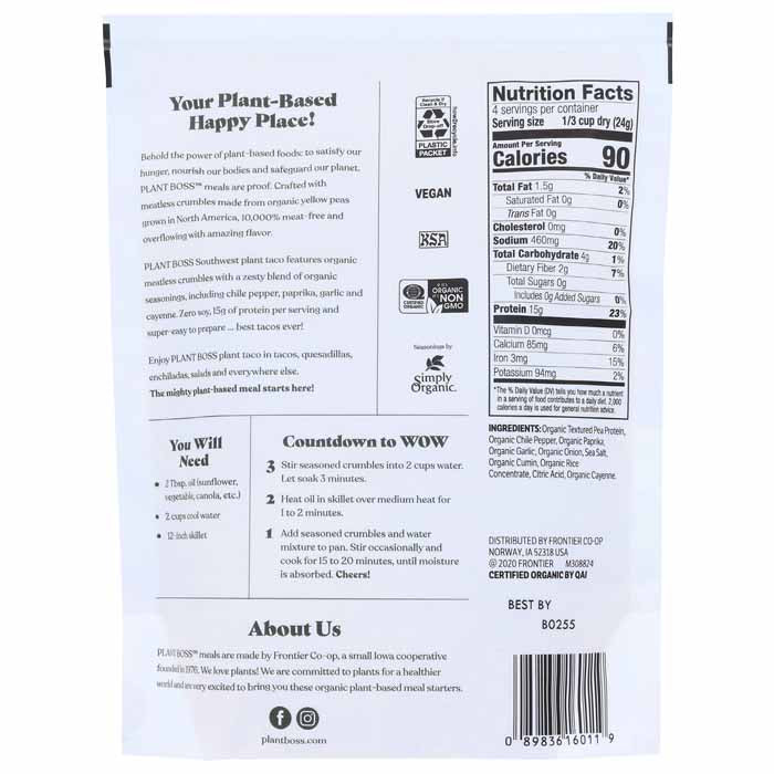 Plant Boss - Meatless Crumbles - Southwest, 3.35oz - back