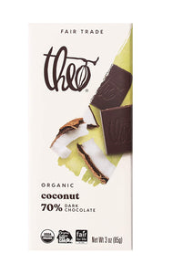 Theo Chocolate Coconut Organic Dark Chocolate Bar 70% Cacao, 3Oz | Pack of 12