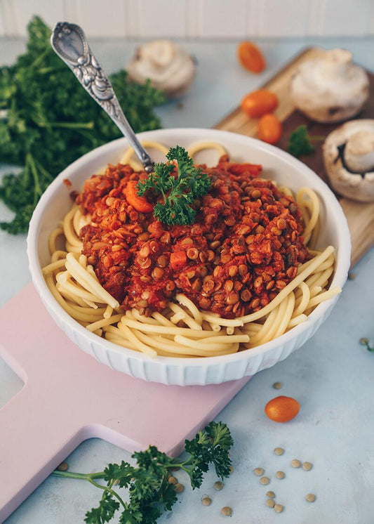 Bucatini with Lentil Bolognese Recipe - PlantX US