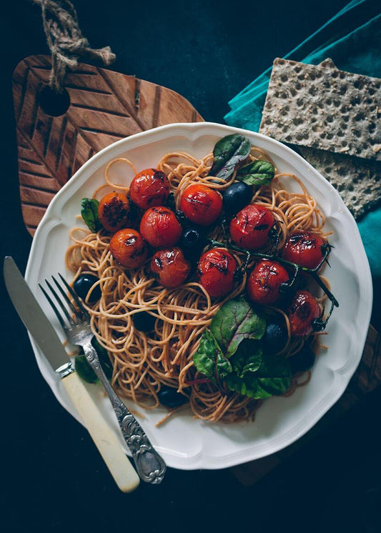 Lentil Spaghetti with Cherry Tomatoes and Olives Recipe - PlantX US