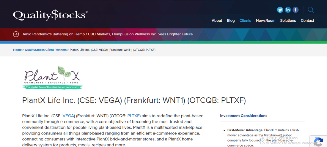 PlantX Life Inc. (CSE: VEGA) (Frankfurt: WNT1) (OTCQB: PLTXF) - PlantX US