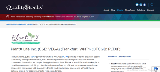 PlantX Life Inc. (CSE: VEGA) (Frankfurt: WNT1) (OTCQB: PLTXF) - PlantX US