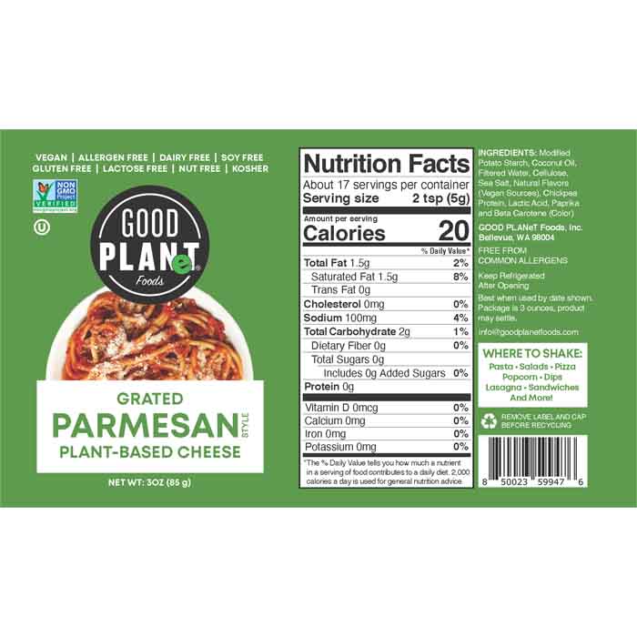 Good Planet Foods - Plant-Based Grated Parmesan Shaker, 3oz - back