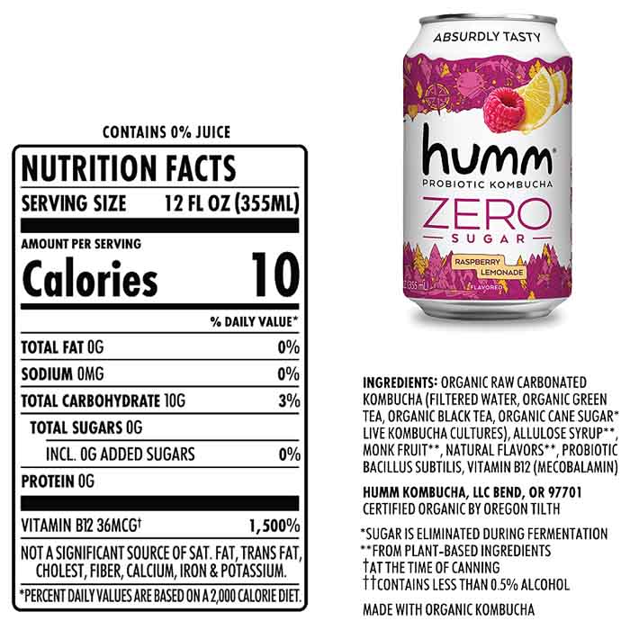 Humm - Kombucha Raspberry Lemonade Zero, 12fo  Pack of 6 - back
