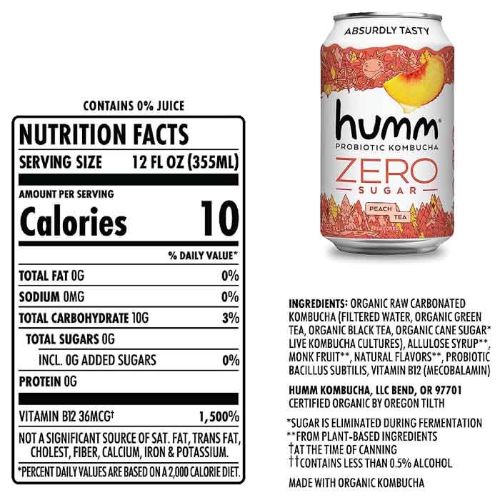 Humm - Peach Tea Zero Kombucha Zero, 12fl - Back