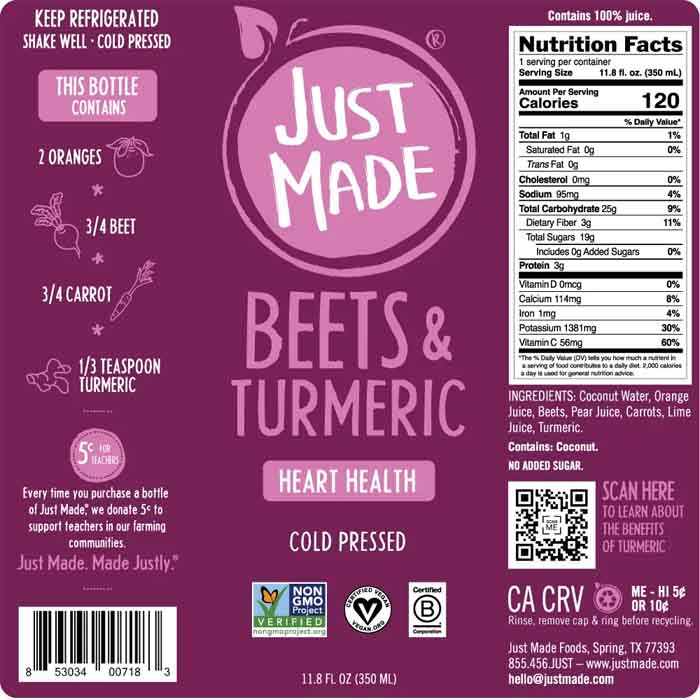 Just Made Juice - Juice Beets & Turmeric, 11.8fo  Pack of 8 - back