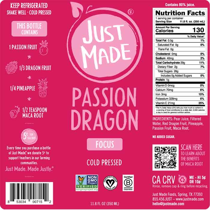 Just Made Juice - Juice Passion Dragon, 11.8fo  Pack of 8 - back