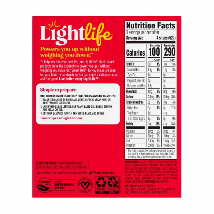 Lightlife - Smart Slice Turkey , 5.5oz  Pack of 8 - back