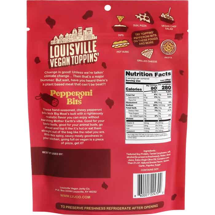 Louisville Vegan Jerky - Pepperoni Bits Toppins, 3oz  Pack of 10 - back