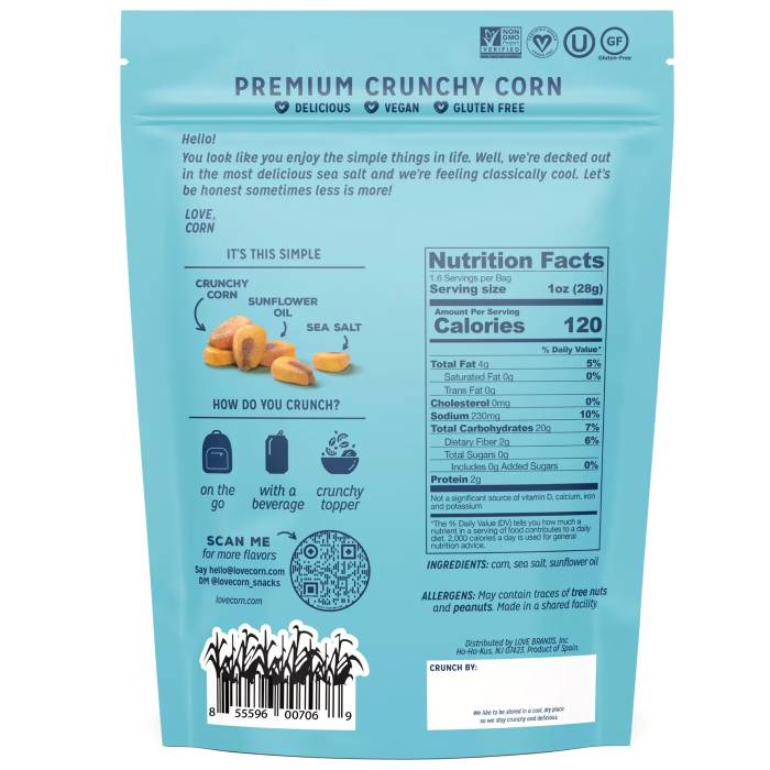 Love Corn - Premium Crunchy Corn sea salt, 4oz - Back