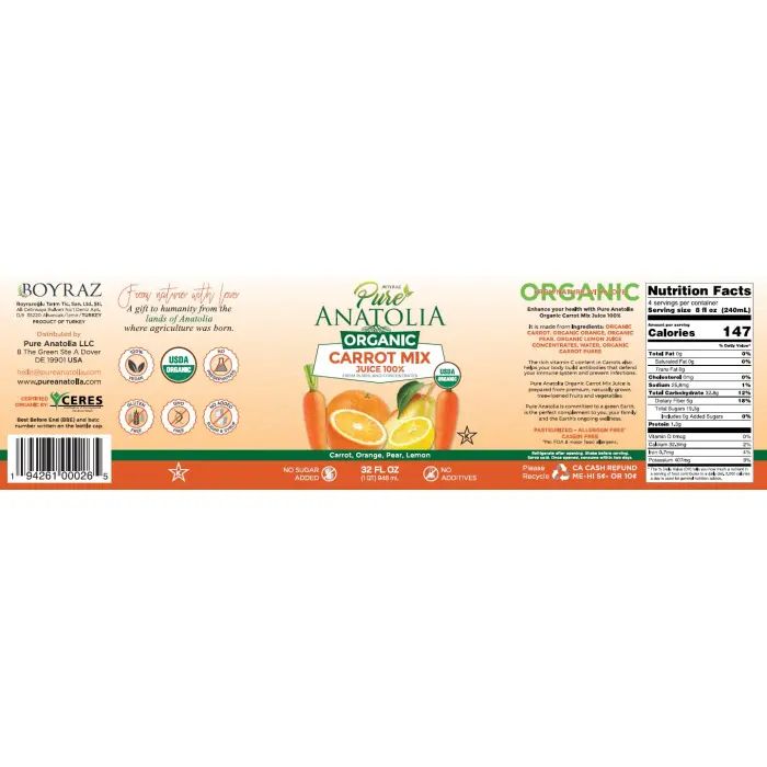 Pure Anatolia - Organic Carrot Juice Blend 32 Fo - Pack Of 6