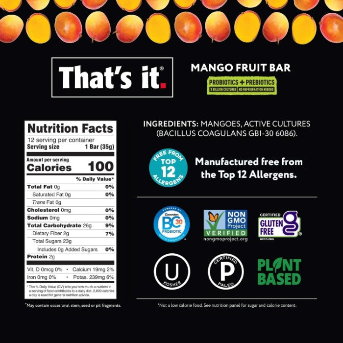 Thats It Bar Fruit Mango Probitcs 1.2 Oz - Pack Of 12