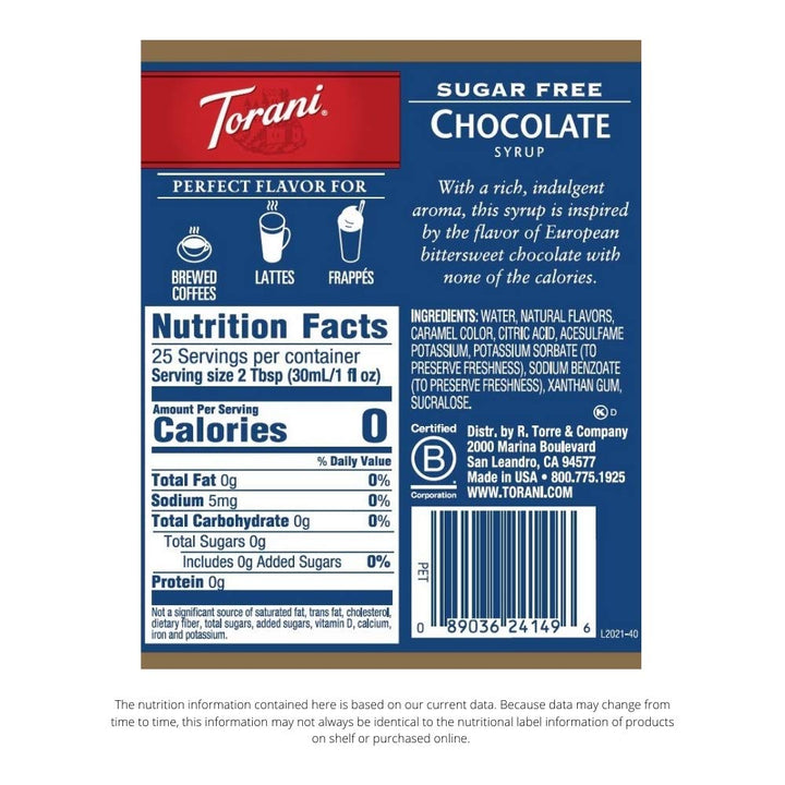 Torani Syrup Sugar Free Chocolate 25.4 Fo - Pack Of 6