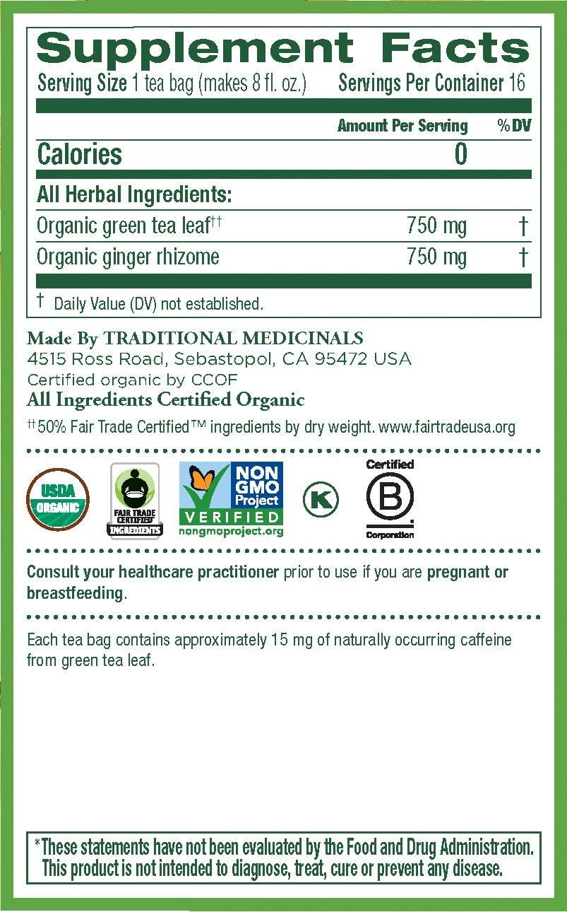 Traditional Medicinals – Green Ginger Organic Tea, 16 Bags | Pack of 6