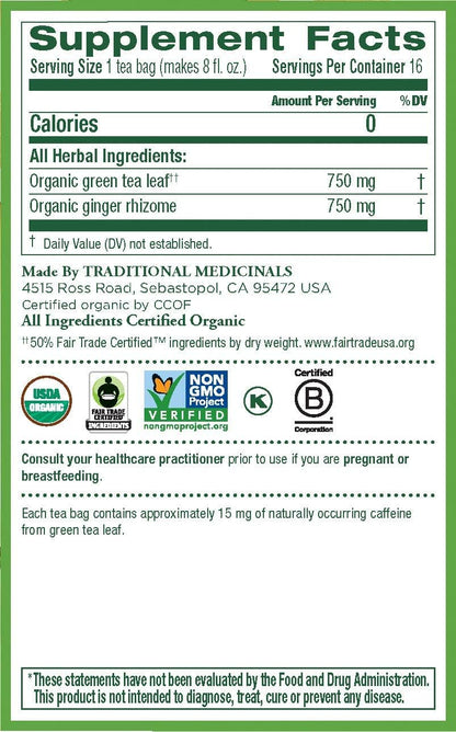 Traditional Medicinals – Green Ginger Organic Tea, 16 Bags | Pack of 6