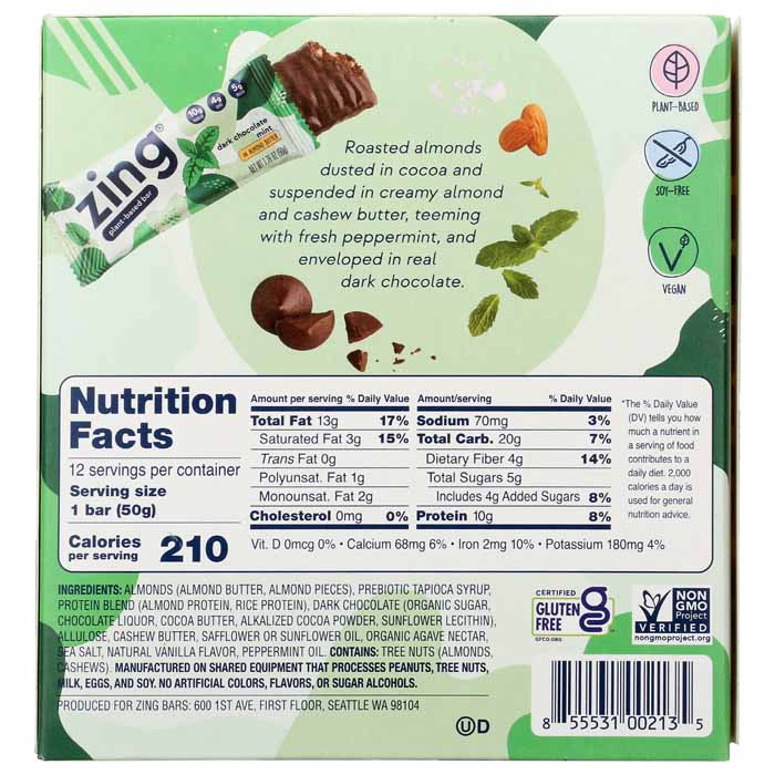 Zing Bars - Protein Bar Dark Chocolate Mint, 1.76oz  Pack of 12 - Back