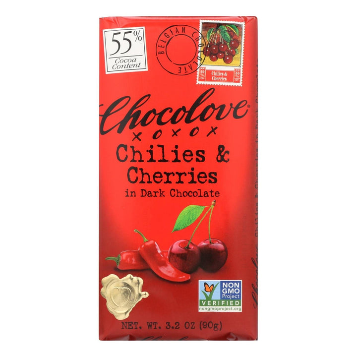 Chocolove Chocolate Dark Chilies & Cherry Bar, 3.2 oz | Pack of 12 - PlantX US