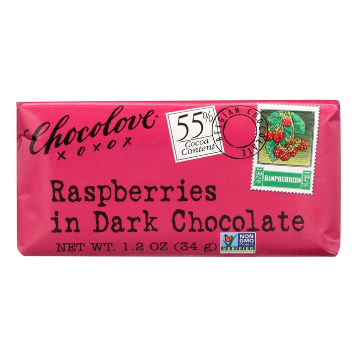 Chocolove Xoxo Dark Chocolate Raspberry Mini Bar, 1.3 oz | Pack of 12 - PlantX US
