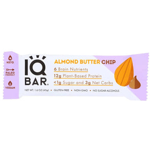 IQ Bar - Brain + Body Nutrition Bar, Almond Butter Chip - 1.6 Oz | Pack of 12