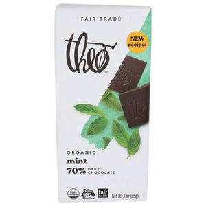Theo Chocolate Organic 70% Dark Chocolate Bar Mint 3 Oz | Pack of 12