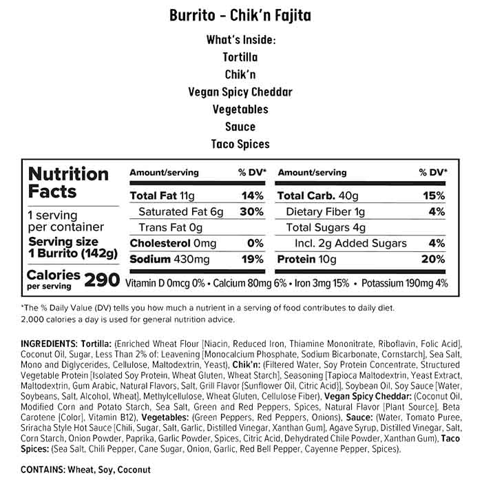 Alpha Foods - Plant-Based All-Day Burritos - Chik'n Fajita, 5oz - back