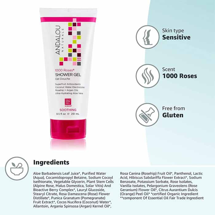 Andalou Naturals - Soothing Shower Gel Sensitive 1000 Roses, 8.5 fl oz - back