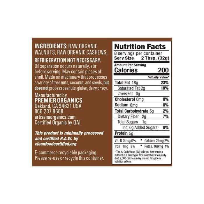 Artisana Raw Walnut Butter with Cashews, 8oz