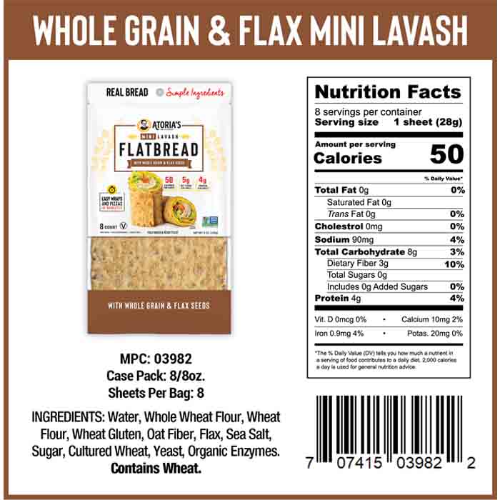 Atorias - Mini Whole Grain Flax Lavash, 8oz - Back