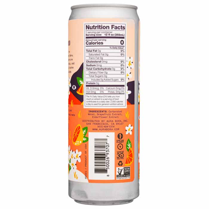 Aura Bora - Elderflower Grapefruit Sparkling Water, 12oz - back