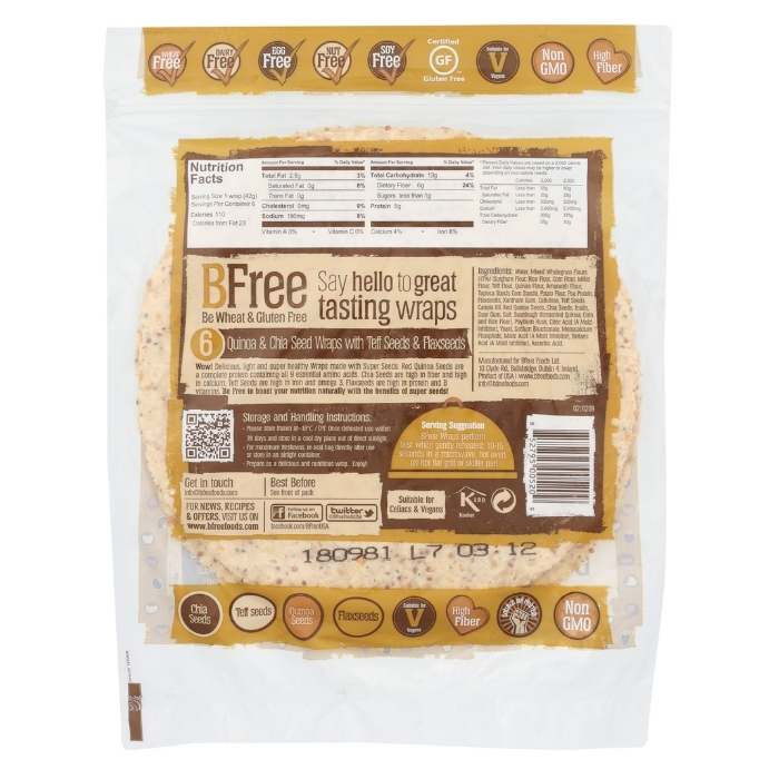 BFree - Gluten-Free Wraps Quinoa & Chia, 8.89oz - back