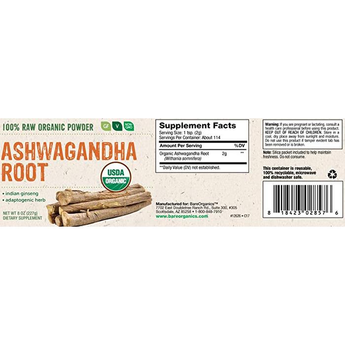 BareOrganics - Ashwagandha Root Powder, 8oz - back