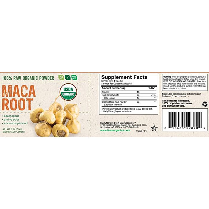 BareOrganics - Maca Root Powder, 8oz - back