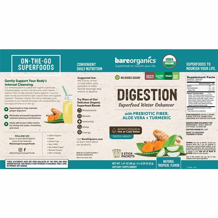BareOrganics - Organic Superfood Water Enhancer Digestion Blend Tropical, 12 Packets - back