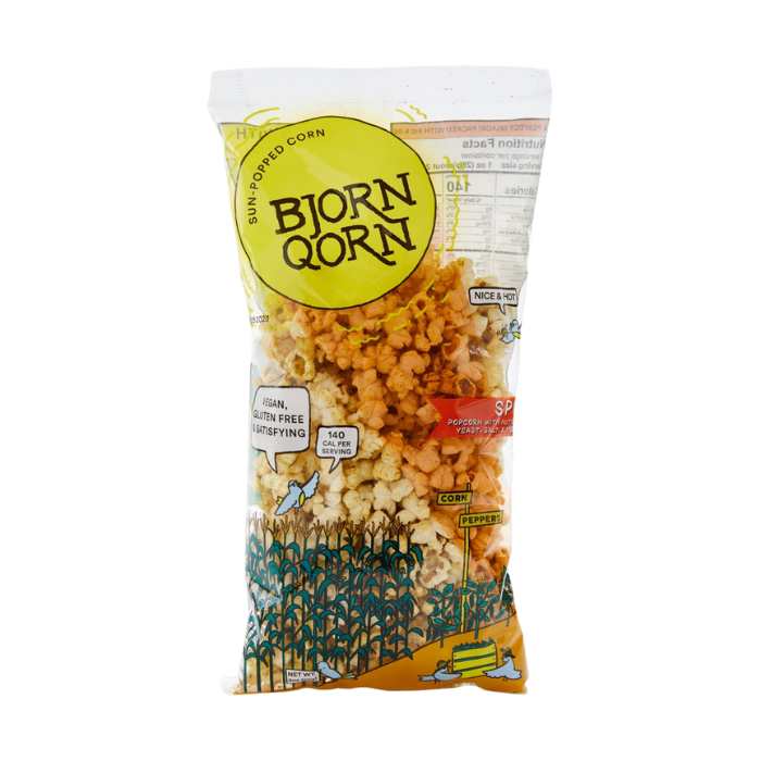 BjornQorn - Sun-Popped Corn spicy, 3oz - front