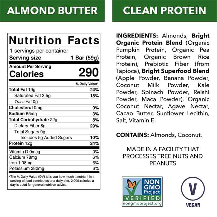 Bright Foods - Butter Almond Protein Bar, 2.1oz - Back
