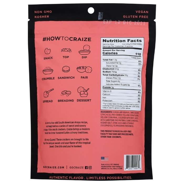 Craize - Toasted Corn Guava Crackers, 4oz - back