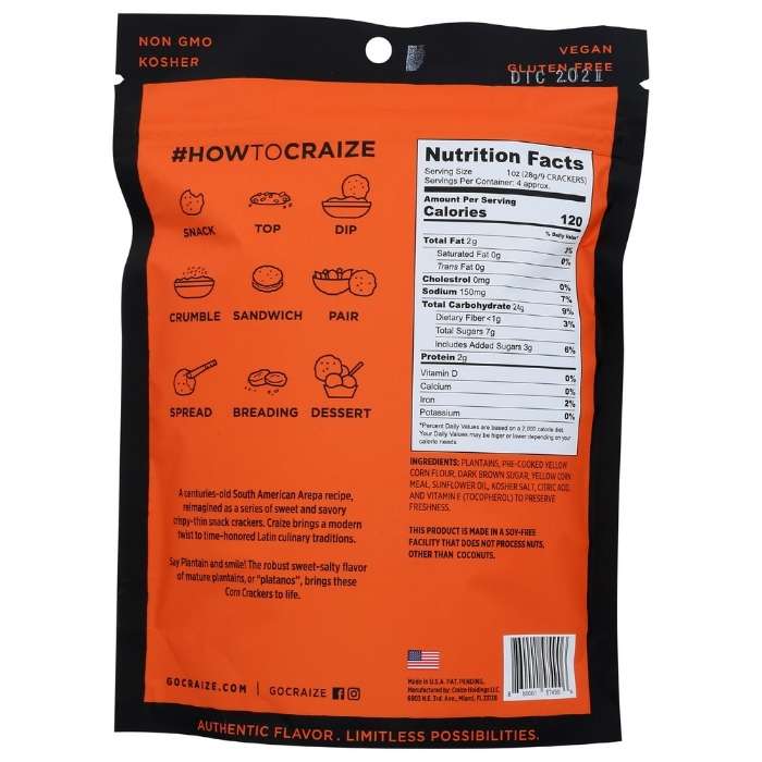 Craize - Toasted Corn Plantain Crackers, 4oz - back