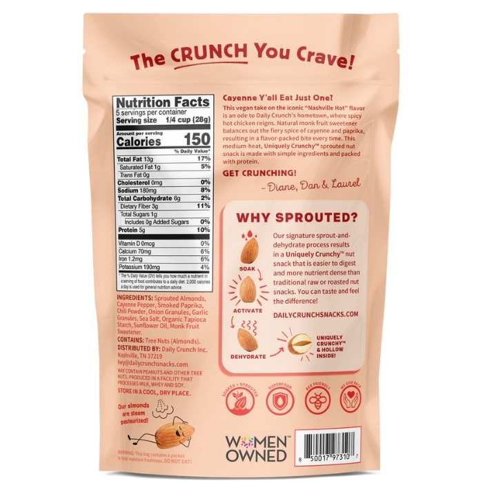 Daily Crunch - Nashville Hot Sprouted Almonds Nuts, 5oz - back