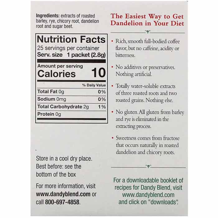 Dandy Blend - Instant Herbal Beverage with Dandelion, 25-Pack - back