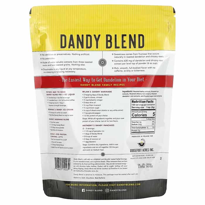 Dandy Blend - Instant Herbal Beverage with Dandelion, 7.05oz - back