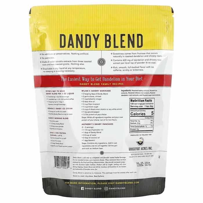 Two bags of Original Dandy Blend Instant Herbal Beverage with Dandelion Two  7.05 oz. bags ( two 200g. bags)