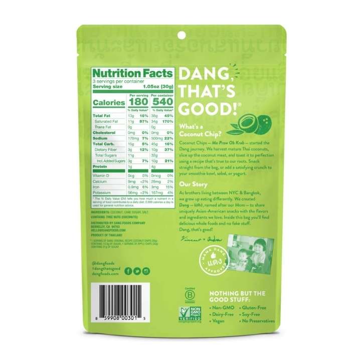 Dang - Toasted Coconut Chips Original, 3.17oz - back